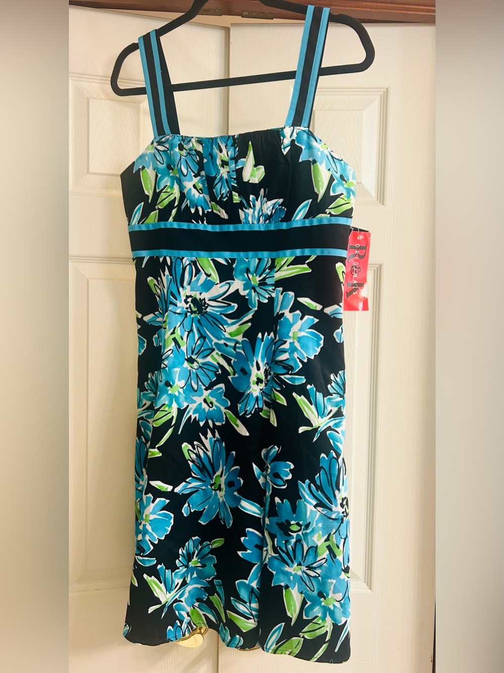 R&K Vintage Floral Black and Blue Strappy Midi Dress   New With Tags